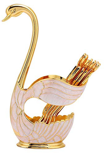 Joyzan Juego de Cuchara Postre Café, Soporte Café Metal Base Cisne para Cubierto Frutas Helado Tenedor Vajilla Fruta Decorativo Organizador Pieza Azúcar Dorada Aplicar Pastele Cóctele Forma Ensalada