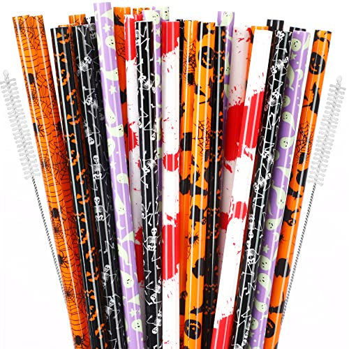 30 Pcs Halloween Reusable Straws 9 Pumpkin Bat Skeleton Spider Printing Hard Platic Drinking Straw for Mason Jar Tumbler Family Party Favors Cleaning Brush (Halloween)