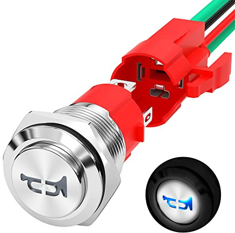 Joinfworld Bouton klaxon 12 V 20 A robuste 16 mm en métal pour haut-parleur LED bleue illuminée en acier inoxydable pour bateau, voiture, train aérien