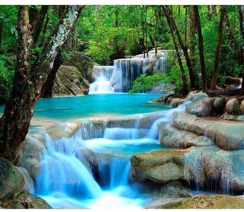 decomonkey Fototapete selbstklebend Wasserfall 294x210 cm Selbstklebende Tapeten Wand Fototapeten Tapete Wandtapete klebend Klebefolie Wald Fluß Wasser Bach Natur Steine Blau Grün Grau