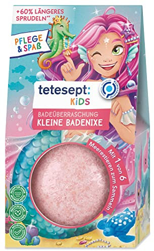 tetesept KIDS Badeüberraschung Kleine Badenixe – Sprudelnde Badekugel mit Meerestier-Sammelfigur – Rosa Sprudelspaß und hautpflegende Rezeptur – 6 x 183 g