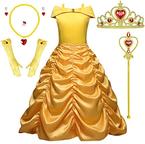 Timesun Puffärmel Angels Prinzessin Belle Kostüm Kleid für Mädchen Kinder Halloween Karneval Party Verkleidung Kronen Zepter Ketten Ringe Ohrringe Handschuhe (Gelb, 120)
