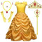 Timesun Puffärmel Angels Prinzessin Belle Kostüm Kleid für Mädchen Kinder Halloween Karneval Party Verkleidung Kronen Zepter Ketten Ringe Ohrringe Handschuhe (Gelb, 120)