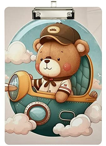 Cartoon Bear Pilot Porte-bloc en acrylique à profil bas pour assistant médical, format lettre A4 31,5 x 22,9 cm Clip argenté