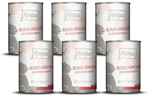 MjAMjAM – Premium Nassfutter für Katzen - delikates Hühnchen an fruchtigen Erdbeeren 400g, 6er Pack (6 x 400g), naturbelassen mit extra viel Fleisch
