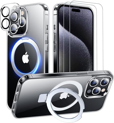 femrit Invisible Stand Magnetic for iPhone 15 Pro Case, Compatible with MagSafe, [2 Pcs Tempered Glass Screen & Camera Protector] [Not Yellowing] Shockproof Phone Case for iPhone 15 Pro 6.1 - Clear