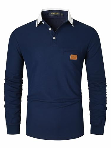 VMSUCIJ Long Sleeve Polo Shirts Mens 100% Pique Cotton Activewear Polos Golf T-Shirt with Pocket Collared Tops,Blue 40,XXL