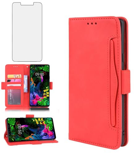 Asuwish Handyhülle für LG G8s ThinQ Hülle mit Glas Folie Schutzfolie Kartenfach Klappbar Leder Geldbörse Ständer Handyhüllen Panzerfolie G 8s LMG810 Handy Hüllen Schutzhülle Cover Phone Case Rot