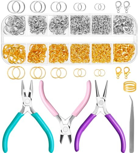 Gkelaly Biegeringe Schmuckzangen für Schmuckherstellung, Golden Silber Biegeringe Verschlüsse und 3Pcs Zangenset für Armbänder Halsketten Ohrringe Schmuckreparatur und Schmuckherstellung Zubehör