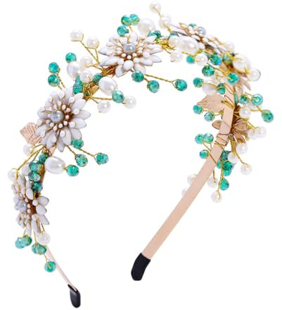 IYOU Blume Hochzeit Haarbänder Grün Kristall Stirnband Perle Prom Gast Haarschmuck für Braut und Brautjungfer