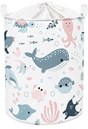 Clastyle Sea Animal Baby Laundry Hamper Crabs Clothes Kids Storage Basket Collapsible Boys Girls Toy Box for Nursery Room, Pink Whale, 40 * 50 cm
