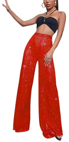 shownicer Damen Vintage Flare Hosen Clubwear Lange Hose Pailletten Glitzer Party Disco Mode Pants Hoher Bund Tanzhosen A Rot L