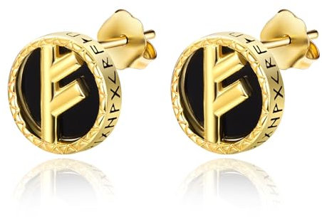 KINGWHYTE Wikinger Rune Ohrringe 925 Sterling Silber Schwarz Onyx Ohrstecker Gold Überzogen Klein Hypoallergen Ohrschmuck für Männer Frauen(Fehu)