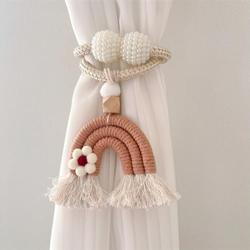 Viusneun 2 Stück Vorhang Raffhalte Regenbogen Boho Vorhanghalter, Quasten Gardinenclips Raffhalter Seil, Gardinen Haken Ringe Bär für Kinderzimmer Dekoration (Khaki)
