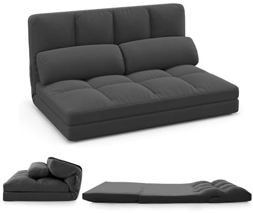 GOPLUS Sofá Cama de Suelo, Sofá Convertible 3 en 1 con Respaldo Ajustable en 6 Posiciones y 2 Almohadas, Cama Plegable para Salón, Dormitorio, Habitación de Invitados (Gris Oscuro)