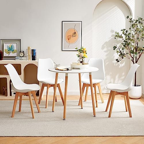 LafeuR Esstisch mit 4 Stühlen Essgruppen, Esszimmergruppe Küchentisch-Set für 4 Personen Sitzgruppe für Wohnzimmer Küche Büro(Runder Weiß Tisch + 4 Buche Weiß Stühl)