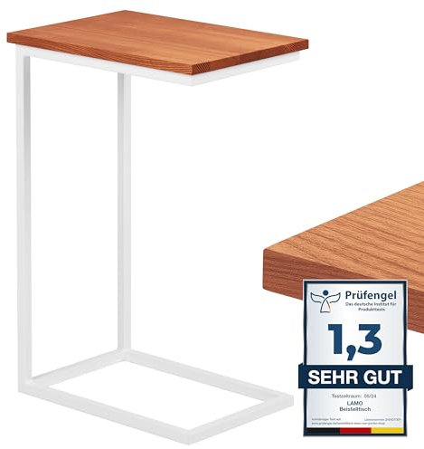 LAMO Manufaktur Beistelltisch | Laptoptisch | Sofatisch | mobiler Kaffeetisch | Nachttisch | 50x35x67 cm | Gestell Weiß | 100% Echtholz Massiv Platte Farbe: Dunkel