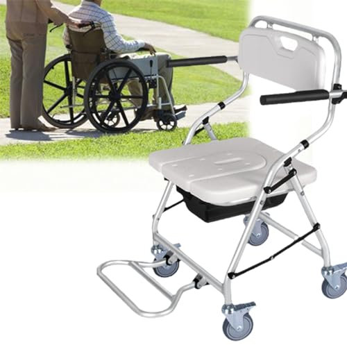 CAFIEDR Wasserdichter Toilettenstuhl, zusammenklappbarer Toilettenstuhl auf Rädern, Bettseitenkommode für ältere Erwachsene, Dusch-Toilettenstuhl und U-förmiger Toilettensitz, freie Montage (ohne