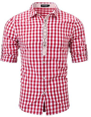 LUYANA Herren Trachtenhemd Langarm Oktoberfest Hemd Regular Fit Kariert Freizeithemden Rot L
