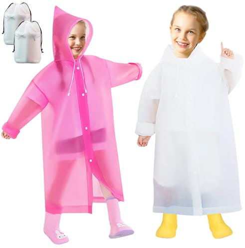 Domueay Poncho Pluie Imperméable Enfant, 2 Pièces Cape de Pluie Leger à Capuche EVA Réutilisable Poncho de Pluie Filles Vetement de Pluie Respirante pour L'école/Extérieur, Blanc et Rose