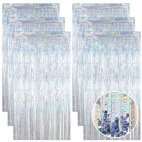 QEEYON 6 Stück Lametta Vorhang Silber, Glitzervorhang Lametta, Glitzer Party Vorhang, Folien Fransen Hintergrund fur Geburtstag Silberhochzeit Abschluss Disco Weihnachten Party Deko (1m x 2m)