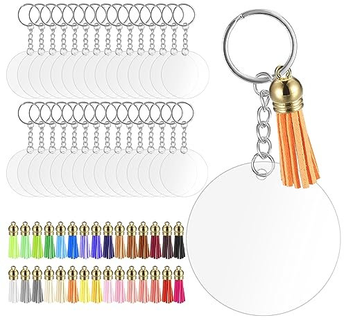 30 Stück Acryl Schlüsselanhänger Rohlinge Set, Blanko Schlüsselanhänger Selber Machen Set zum Basteln, mit 30 Bunt Quasten Anhänger & 30 Schlüsselbund Schlüsselringe, für DIY Bastelset Zubehör