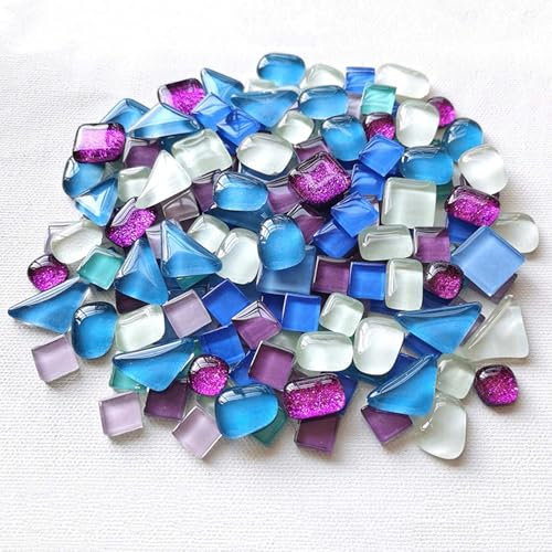 Mosaic Tiles Arts and Crafts, Mosaic Kits for Adults, 200g Irregular Mosaic Tiles Square, Assorted Multicolor Crystal Glass Mosaic Stones for Crafts Home Decoration, Wall, Photo Frame (Blue-Purple)