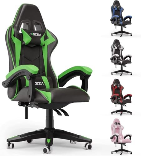 bigzzia Silla Gaming, Silla de Juegos, Silla de Oficina, Silla de Ordenador, Silla giratoria Resistente, diseño ergonómico con cojín y Respaldo reclinable (Green)