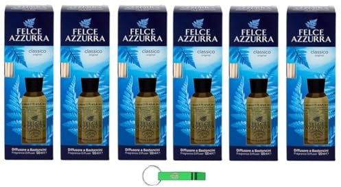 6 deodorante per ambienti Felce Azzurra, diffusore con bastoncini Classico – Diffusore a Bastoncini – Profumo classico 120 ml + portachiavi Beni Culinari