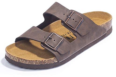 FITORY Sandales Homme Cuir,Confortable Mules Orthopédiques Homme,Bretelles Réglables et Semelle en Liège pour l'Été Plage, jaune brunâtre,Taille 41