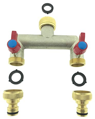 2-Wege Messing Wasserhahn Wasserverteiler Anschluss 2 Geräten Absperrhahn Gartenschlauch 2er Verteiler 3/4 mit Adapter für 1/2 Schlauch