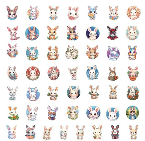 Pcingsia Hasen-Wasserflaschen-Aufkleber, Hase, Ostern, niedliche Aufkleber, 50 Stück, lustige Tiere, wasserdicht, ästhetische Aufkleber für kreative handgefertigte Projekte