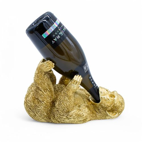 Spetebo Deko Flaschenhalter AFFE Gold - 27 x 15 cm - Halter für Weinflaschen Durstiges Tier - Tischdeko Figur Skulptur Weinhalter Flaschenständer trinkende Tiere