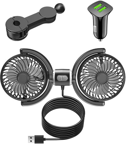 Bocguy Auto Ventilator USB, 12V Ventilator für Auto 360 ° drehbar für 3 einstellbare Gänge, Doppelkopf separate Steuerung USB Ventilator Leistungsstarker Leise, für Auto, Wohnwagen, Boot