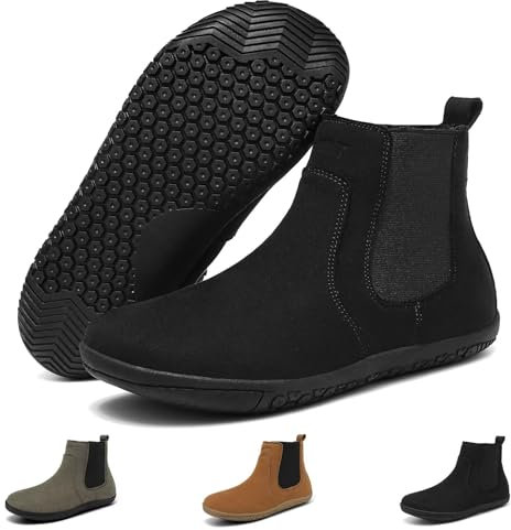 Wizshoe Barfußschuhe Chelsea Boots Damen Flache Wasserdichte Stiefeletten Herbst Winter Ankle Booties Halbstiefel Frauen Barefoot Slip on Damenstiefel Schlupfstiefel Schwarz 39EU