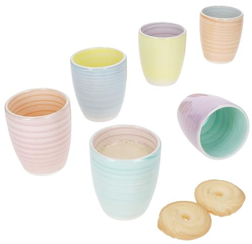 MamboCat 6er Set Pastello Mokkabecher | 150 ml | Kleine Becher ohne Henkel aus Steingut für 6 Personen mit Strudel-Dekor in Pastellfarben | für Espresso, Matcha etc.