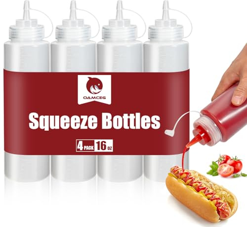OAMCEG 500ml Squeeze Flasche, 4 Stück 16oz Kunststoff Würzpressflaschen Squeeze Squirt Flasche mit Diskreten Messungen, Quetschflasche für Ketchup BBQ Saucen Sirup Gewürze