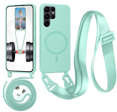 Beajew Handykette für Samsung Galaxy S23 Ultra Hülle mit Band [Kompatibel mit Magsafe] Flüssig Silikon Necklace Handyhülle Magnetische Schutzhülle zum Umhängen Kordel für Samsung S23 Ultra, Minzgrün