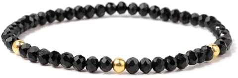 Schwarzes Turmalin Armband aus facettierten 3mm Edelstein-Perlen,Künstlicher schwarzer Kristall Edelstein,Heilstein Schutzstein Glücksbringer für Frauen & Männer – Dehnbar 22cm (Künstlicher Kristall)