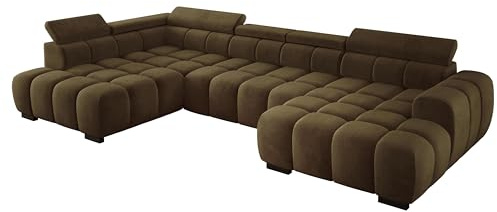 DomiMeble DomoHome Modern OMBO Großes U‑Förmiges Ecksofa Stoff Salvador Olive Green Linke Seite 393×205×97 cm Verstellbare Kopfstützen, Schlaf‑Optional, Minimalistisches Kubistisches Design