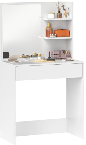 HOMCOM Dressing Table with Mirror, Modern Vanity Desk with Drawer, White | 3 Open Shelves, Makeup Desk for Bedroom