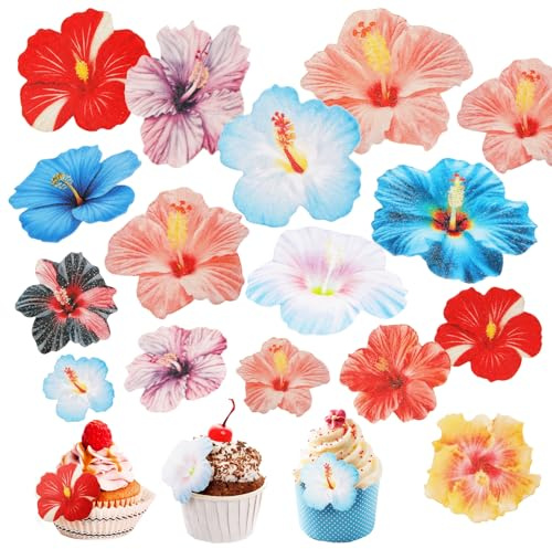 YUFFQOPC 60 Stück Essbare Blumen Für Torte, Essbare Tortendeko Blumen, Bunt Hibiskusblume Cupcake Topper Esspapier Für Hochzeit Geburtstag Jubiläum Party
