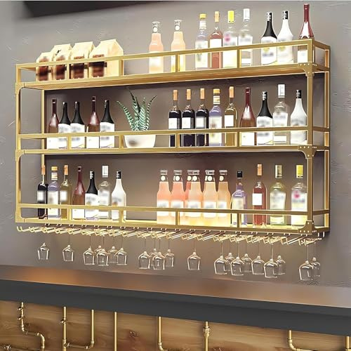 KEPMOGOH 3-stöckig Weinregal Wand aus Metall, Wandmontage Wine Display-Ständer, Bar Regal mit Glasregal, Wand Flaschenregal für Küche Bar-Einheiten, Restaurants und Zuhause (Gold, 100cm)