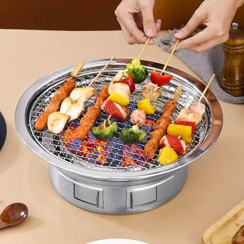 Grill de barbecue en acier inoxydable de style coréen portable, poêle à barbecue rond à charbon pour Camping en plein air, pique-nique et fêtes de 1 à 4 Personnes