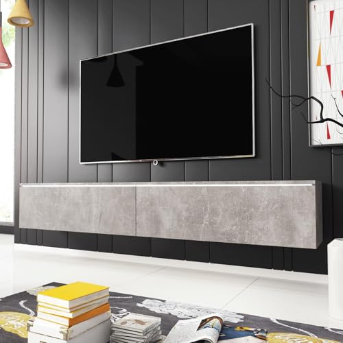 FWStyle 1.8M 2 Door Concrete Grey Effect TV Media Unit with LED – Wall Mounted or Freestanding 180cm TV Stand – Modern LED TV Cabinet with Drop-Down Doors – Contemporary Living Room Furniture
