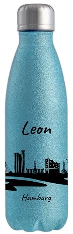 Gravur-Max Glitzer Trinkflasche 500 ml personalisiert – Edelstahl Trinkflasche mit funkelnder Oberfläche – bedruckt mit der Skyline von Hamburg - auslaufsicher, BPA-frei & mit Namen bedruckt - Blau