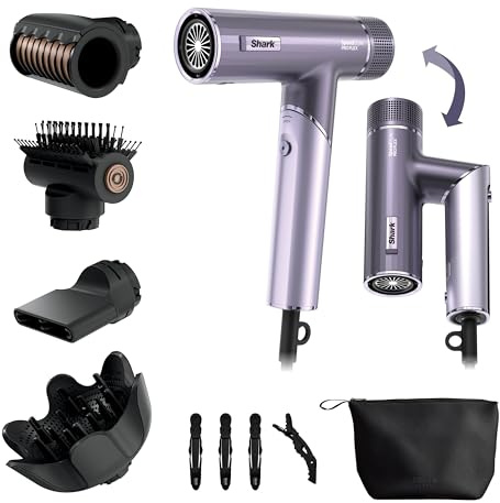 Shark SpeedStyle Pro Flex Hair Dryer, Lightweight, Lilac Frost HD543PLUK | High Performance High-Velocity Hair-Dryer w/ 4 Styling Attachments, Ionic, No Heat Damage, Folding Handle, For All Hair Types