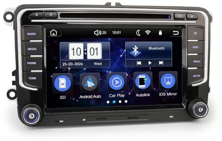 DAB+ Digital Radio Head Unit Linux for VW Caddy MK3/4 Polo 6R Crafter Amarok Transporter T6 Skoda Yeti SatNav CD Player | Wireless CarPlay & Android Auto | WiFi USB Bluetooth 5.1 Camera DSP Fast Start