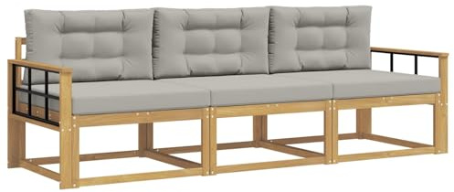 vidaXL Outdoor-Sofagarnitur 3 pcs Weiß und Hellgrau Polyester, Akazienholz Sofa Set für draußen, modernes Loungemöbel, Flexibler Gartenplatz, wetterfeste Einrichtung