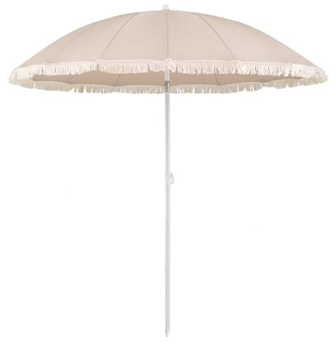 KOMFOTTEU Sombrilla de Playa 200 cm, Parasol Terreza Exterior con Borde de Flecos, Parasol Bohemio Inclinable con 12 Varillas, Protección Solar, Sombrilla de Jardín Grande para Patio Piscina (Beige)